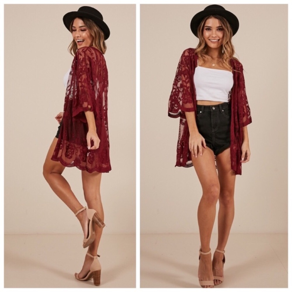 🖤Host Pick🖤 Maroon Sheer Lace Floral Kimono - Picture 5 of 5